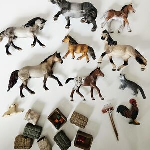 Toy Farm Animal Lot - Assorted Horses & Accessories - Brown, Tan, Gray, Black